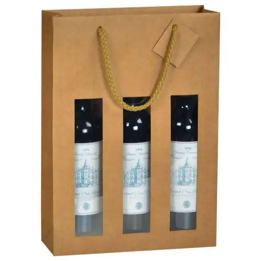 Sachet 3 bouteilles kraft brun à fenêtre - poignées cordelette